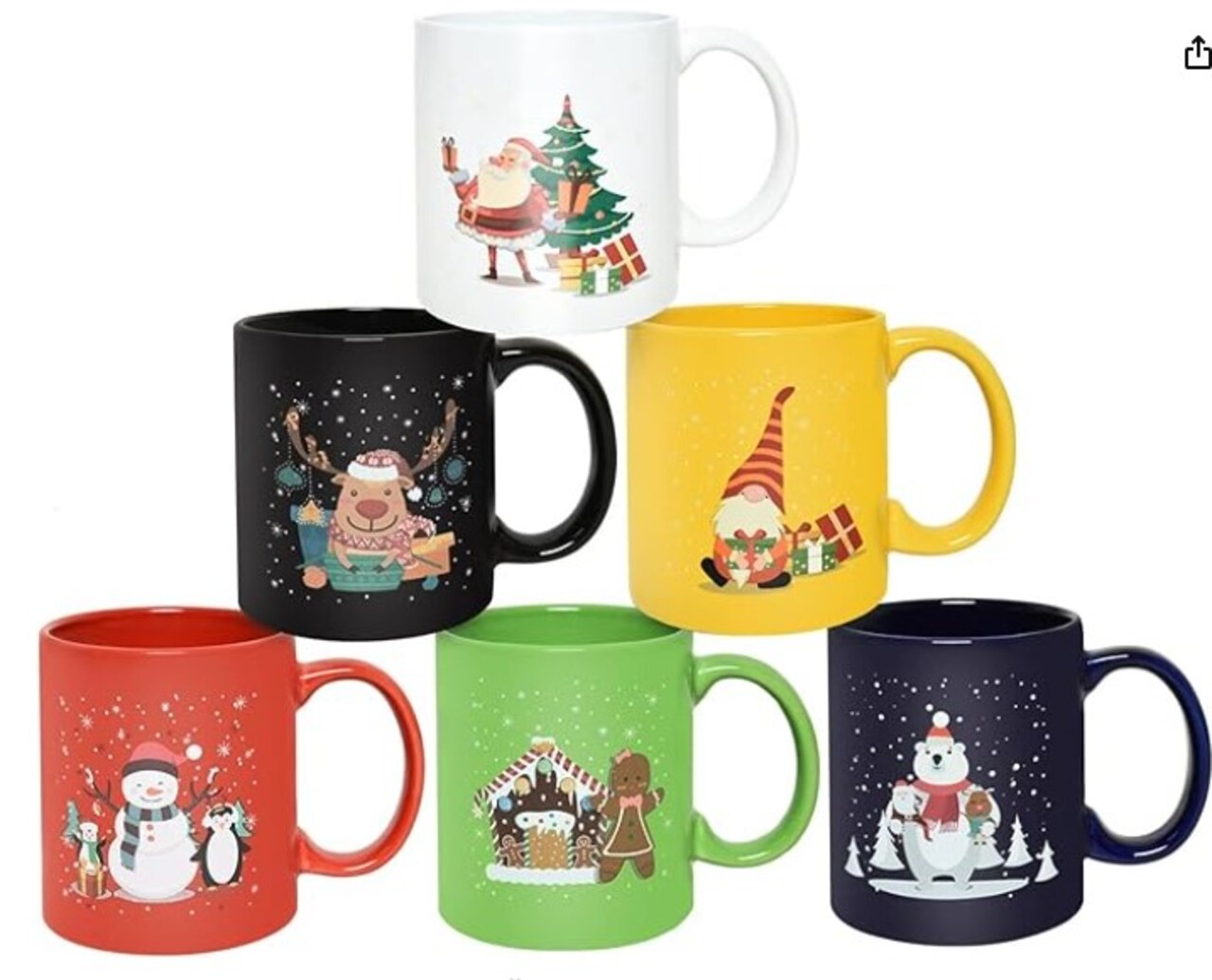 Multicolor Christmas Coffee Mugs Set of 6 Durable Ceramic Holiday Mugs for Coffee, Milk, Hot Cocoa, Tea, Latte (13 Ounce)